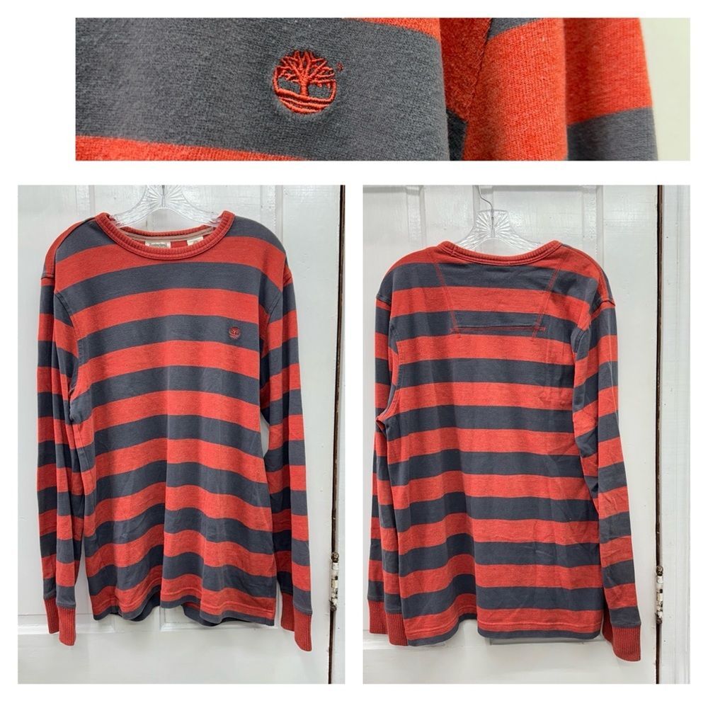 Timberland classic fit long sleeve striped shirt men's xl grey & earthy orange